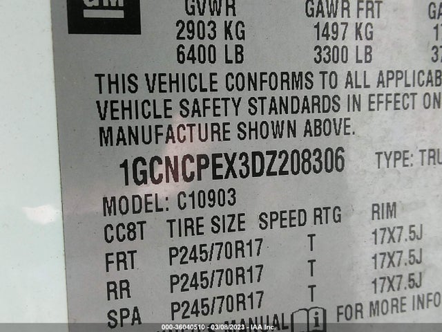 2013 CHEVROLET SILVERADO 1500 WORK TRUCK VIN: 1GCNCPEX3DZ208306