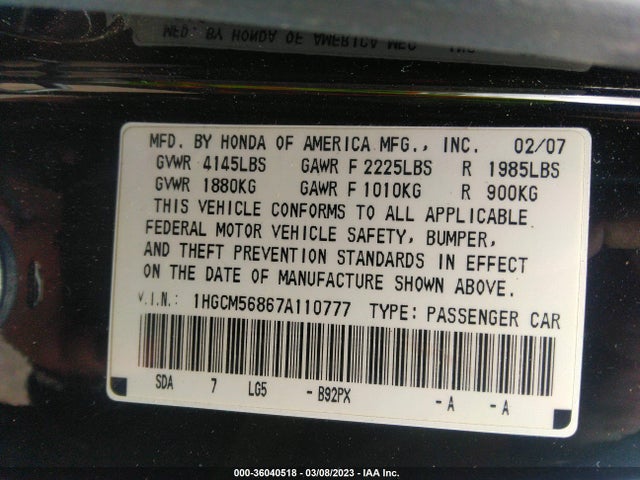 2007 HONDA ACCORD SDN EX-L VIN: 1HGCM56867A110777