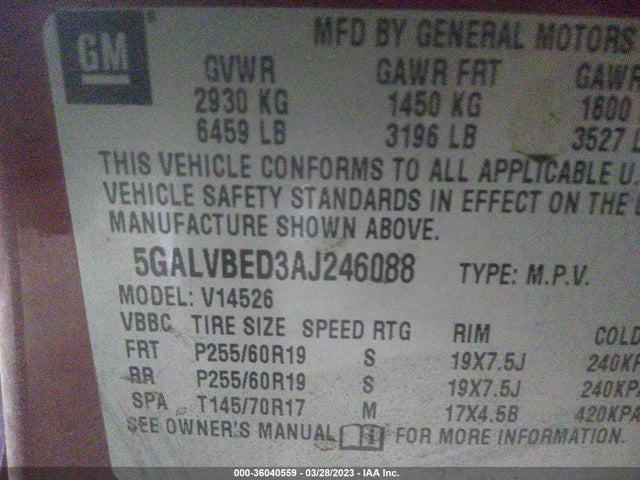 2010 BUICK ENCLAVE CXL W/1XL VIN: 5GALVBED3AJ246088