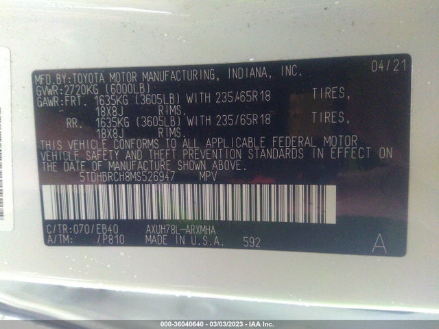 2021 Toyota Highlander, VIN: 5TDHBRCH8MS526947
