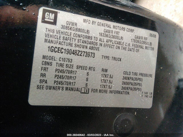 2008 CHEVROLET SILVERADO 1500 LT W/1LT VIN: 1GCEC19048Z273973