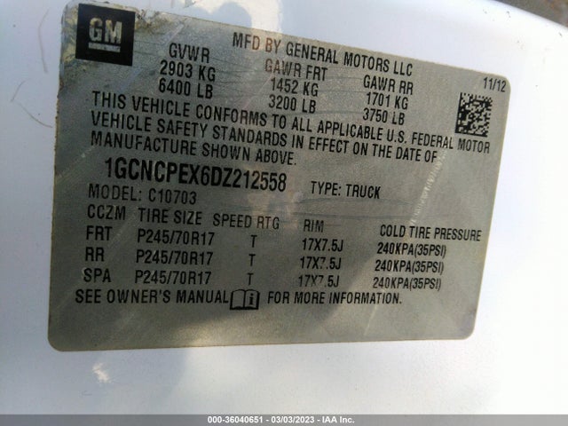 2013 CHEVROLET SILVERADO 1500 WORK TRUCK VIN: 1GCNCPEX6DZ212558