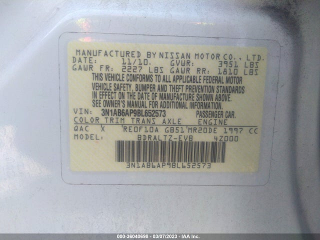 2011 NISSAN SENTRA 2.0 SR VIN: 3N1AB6AP9BL652573