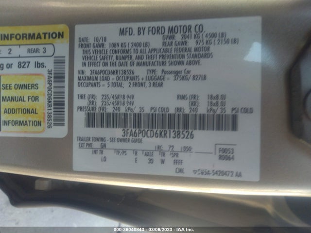 2019 FORD FUSION SEL VIN: 3FA6P0CD6KR138526