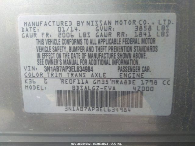 3N1AB7AP3EL634984 Nissan SENTRA SL