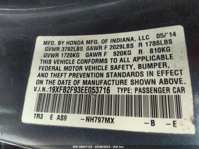 2014 HONDA CIVIC SEDAN EX-L VIN: 19XFB2F93EE053716