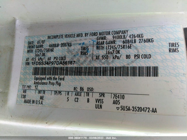 2007 FORD ECONOLINE CARGO VAN COMMERCIAL/RECREATIONAL VIN: 1FDSS34P97DA56187