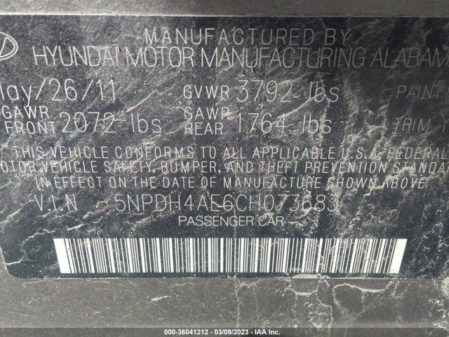 2012 HYUNDAI ELANTRA GLS VIN: 5NPDH4AE6CH073683
