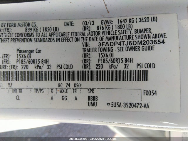 2013 FORD FIESTA S VIN: 3FADP4TJ6DM203654