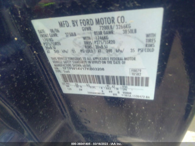 2007 FORD F-150 XLT/FX4/LARIAT/KING RANCH VIN: 1FTPW14V17KB03208