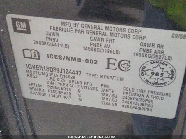 2009 GMC ACADIA SLE1 VIN: 1GKER13D39J134447