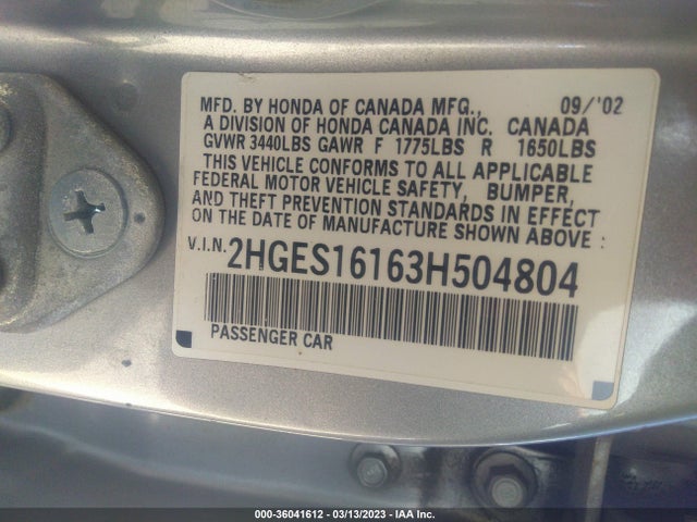 2003 HONDA CIVIC DX VIN: 2HGES16163H504804