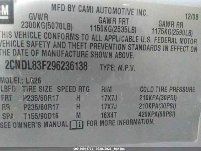 2009 CHEVROLET EQUINOX LTZ VIN: 2CNDL83F296236138