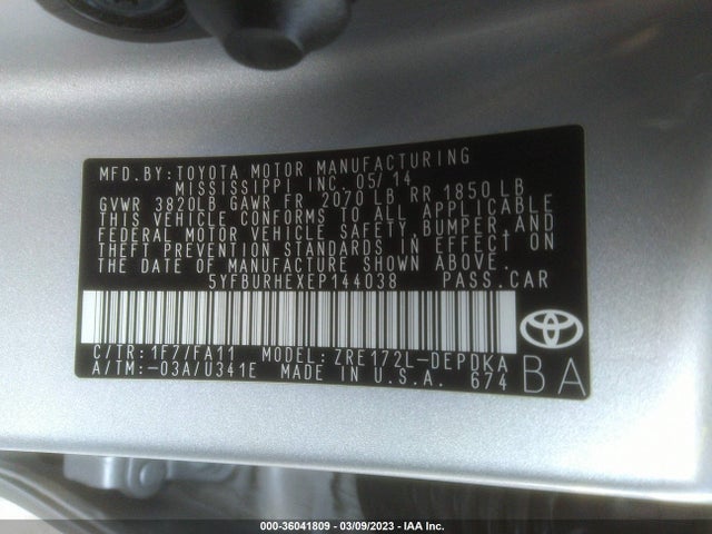 Продаж на аукціоні авто 2014 Toyota Corolla L/le/s/s Plus/le Plus, vin: 5YFBURHEXEP144038, номер лоту: 36041809
