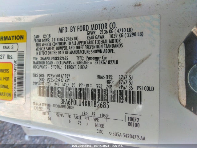 3FA6P0LU4KR182685 Ford Fusion Hybrid Se