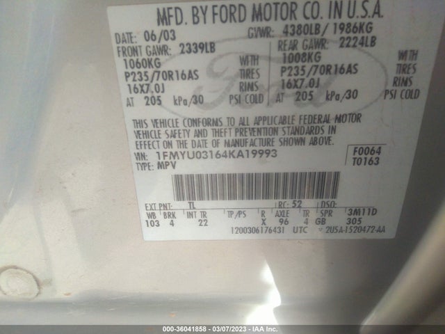 2004 FORD ESCAPE XLT VIN: 1FMYU03164KA19993