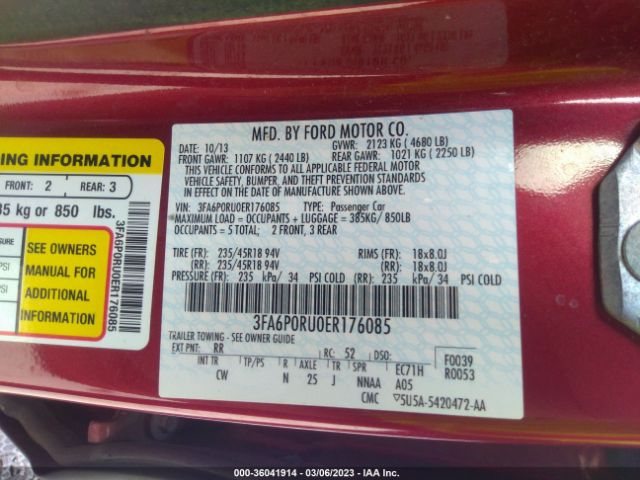 3FA6P0RU0ER176085 Ford Fusion Titanium Hybrid