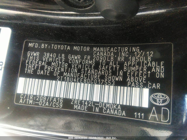 2013 TOYOTA COROLLA L/LE/S VIN: 2T1BU4EE8DC017553