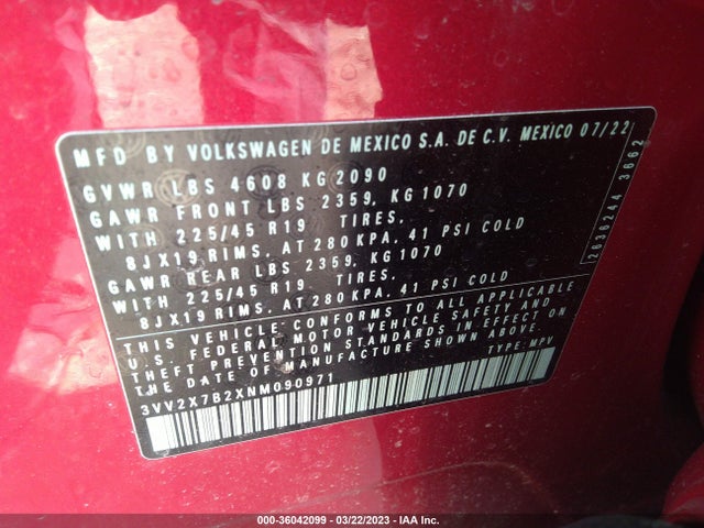 2022 VOLKSWAGEN TAOS SEL VIN: 3VV2X7B2XNM090971