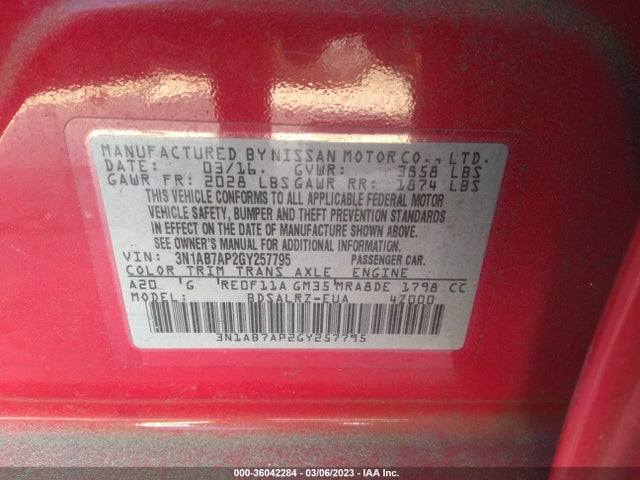 2016 NISSAN SENTRA SR VIN: 3N1AB7AP2GY257795