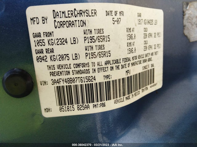 3A4FY48B07T615624 Chrysler Pt Cruiser