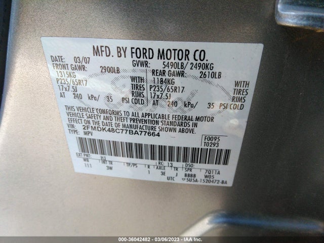 2007 FORD EDGE SEL VIN: 2FMDK48C77BA77664