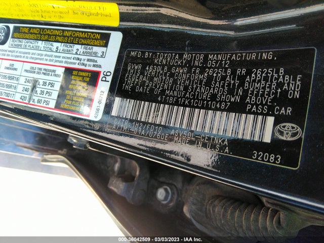2012 TOYOTA CAMRY L/LE/SE/XLE VIN: 4T1BF1FK1CU110487