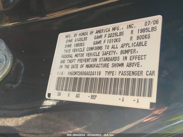 2006 HONDA ACCORD CPE EX-L VIN: 1HGCM72606A024119