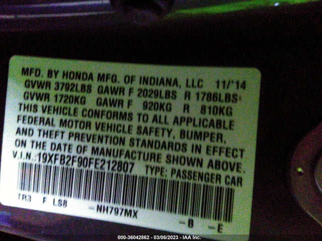 2015 HONDA CIVIC SEDAN EX-L VIN: 19XFB2F90FE212807