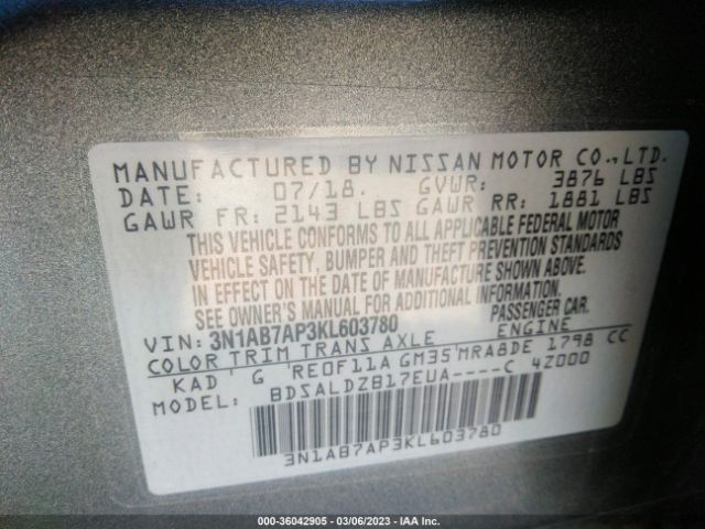 3N1AB7AP3KL603780 Nissan SENTRA SV