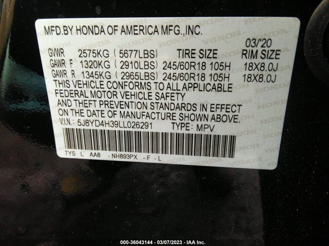 Acura MDX 2020 5J8YD4H39LL026291 Image 9