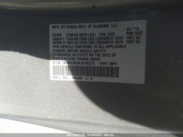 5FNRL6H94JB105213 Honda Odyssey Elite