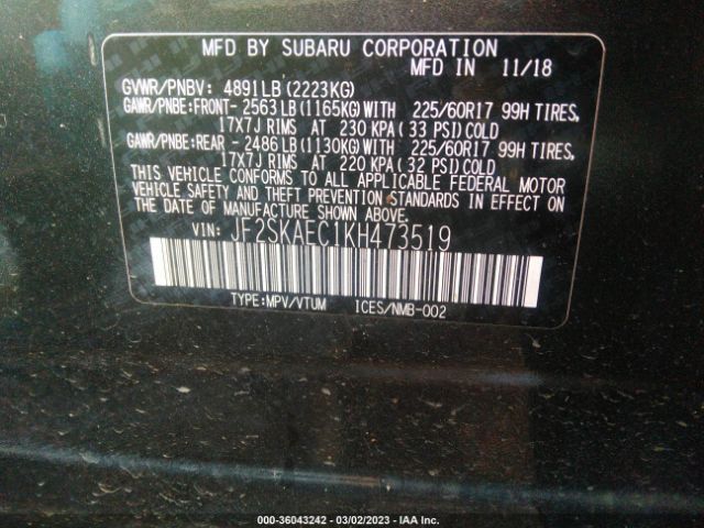 JF2SKAEC1KH473519 Subaru Forester Premium