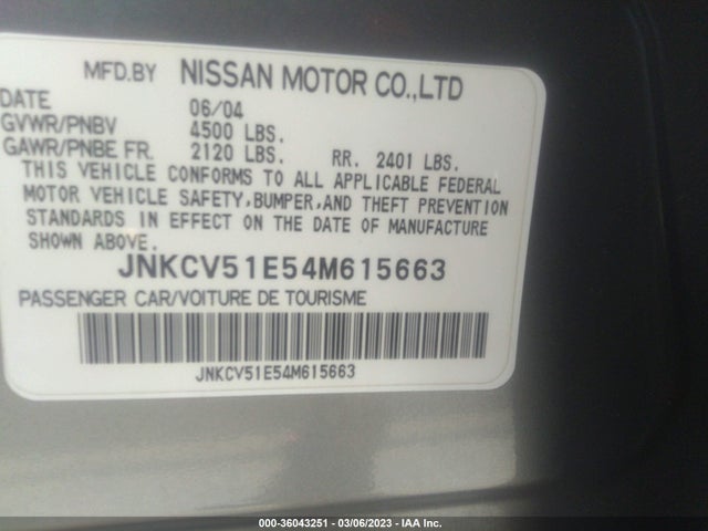 2004 INFINITI G35 SEDAN W/LEATHER VIN: JNKCV51E54M615663