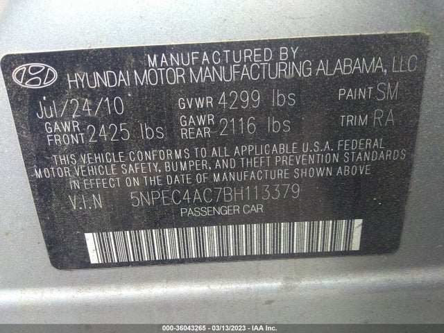 2011 HYUNDAI SONATA LTD VIN: 5NPEC4AC7BH113379