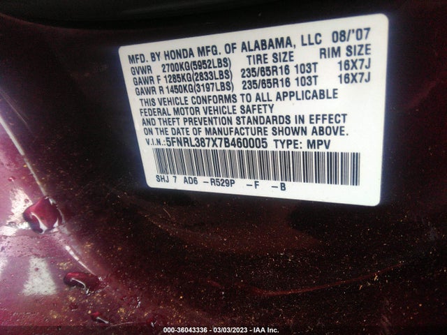 Honda Odyssey Ex-l 2007 5FNRL387X7B460005 Image 10