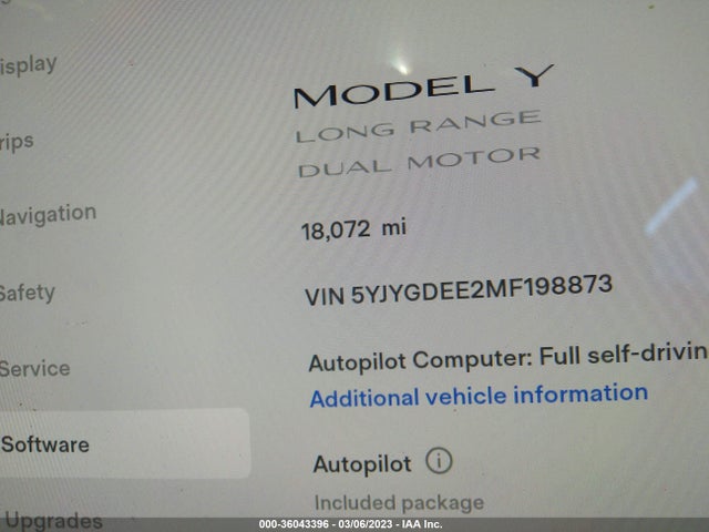 2021 TESLA MODEL Y LONG RANGE VIN: 5YJYGDEE2MF198873