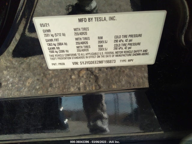 2021 TESLA MODEL Y LONG RANGE VIN: 5YJYGDEE2MF198873