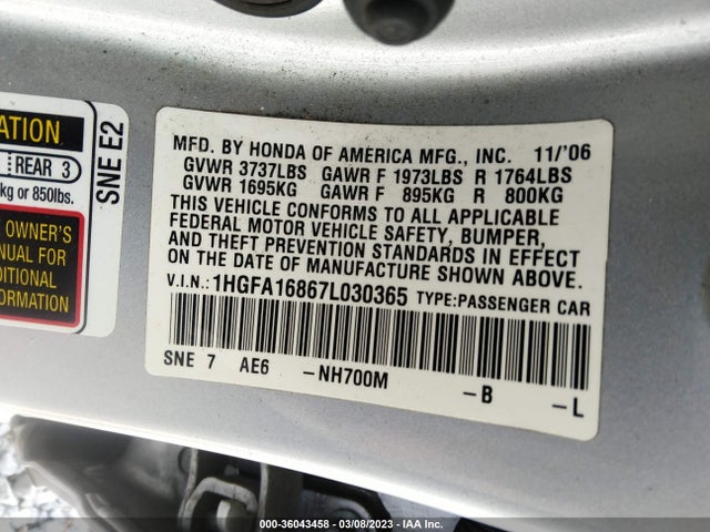 Honda Civic Sdn Ex 2007 1HGFA16867L030365 Image 10
