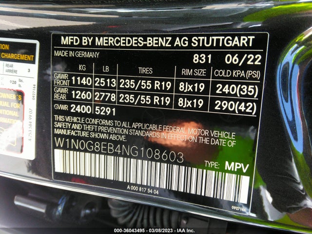 2022 Mercedes-Benz GLC-Class, VIN: W1N0G8EB4NG108603