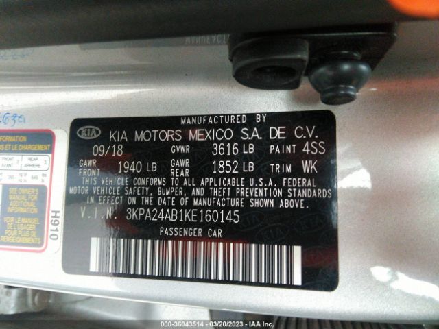 3KPA24AB1KE160145 KIA RIO S