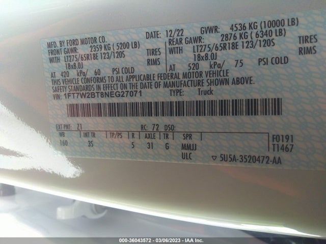 2022 Ford F-250, VIN: 1FT7W2BT8NEG27071