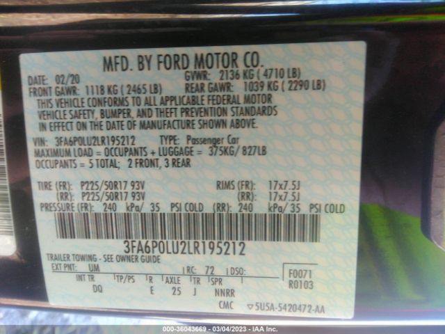 3FA6P0LU2LR195212 Ford Fusion Hybrid Se
