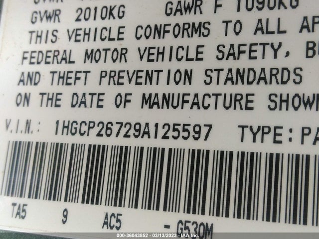 2009 HONDA ACCORD SDN EX VIN: 1HGCP26729A125597