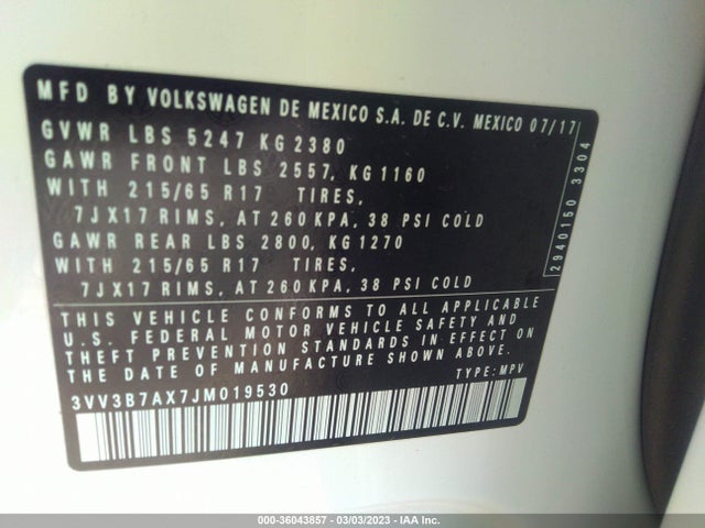 3VV3B7AX7JM019530 Volkswagen Tiguan Sel/se