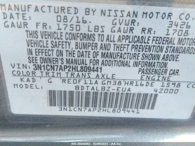 2017 NISSAN VERSA SEDAN SV VIN: 3N1CN7AP2HL809441