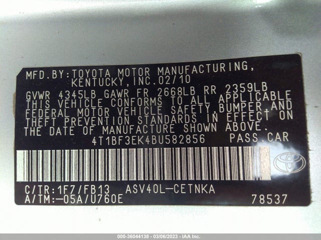 Продажа на аукционе авто 2011 Toyota Camry, vin: 4T1BF3EK4BU582856, номер лота: 36044138