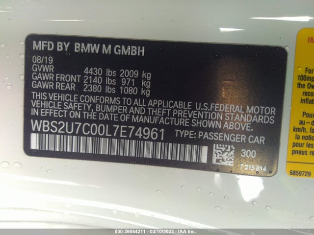 2020 BMW M2, VIN: WBS2U7C00L7E74961