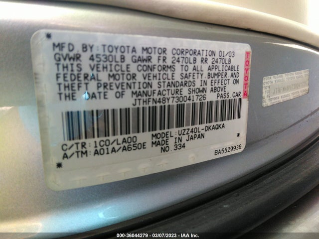 2003 LEXUS SC 430 VIN: JTHFN48Y730041726