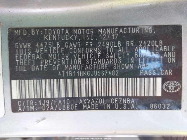 4T1B11HK6JU567482 Toyota CAMRY LE